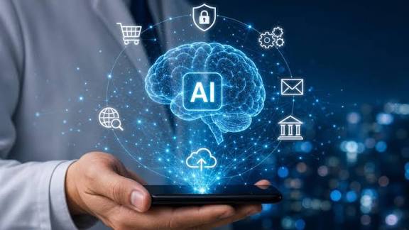 AI brain orbited by banking service icons