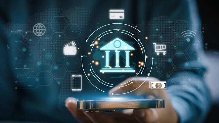 Mobile banking hologram over hexagonal grid